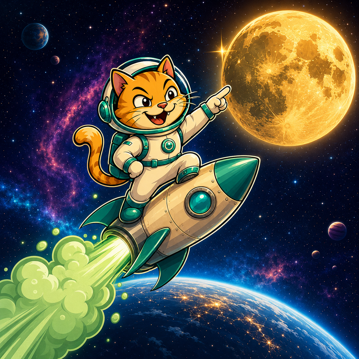 Fart Cat riding a rocket to the moon
