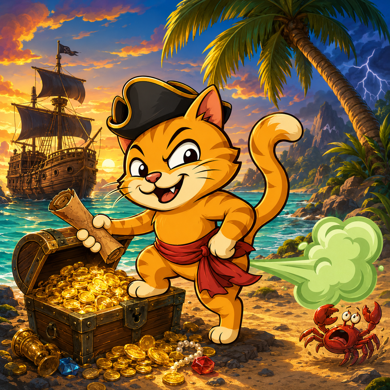 Pirate Fart Cat with a treasure chest
