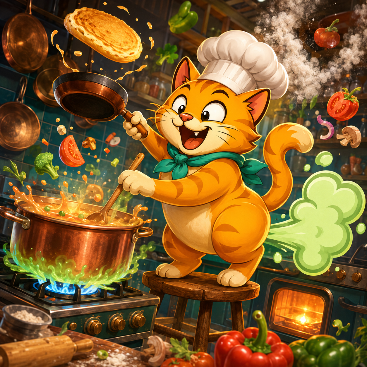 Chef Fart Cat cooking in a kitchen