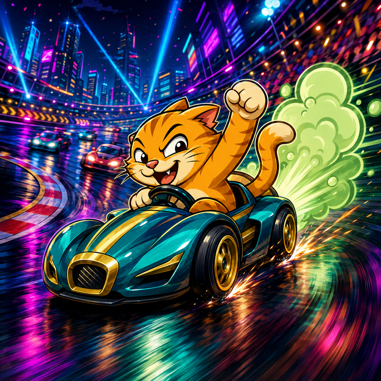 Fart Cat racing a car with green exhaust