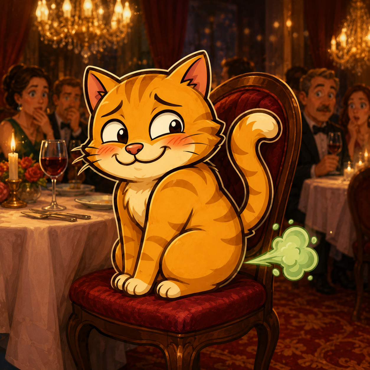 Fart Cat at a fancy dinner party