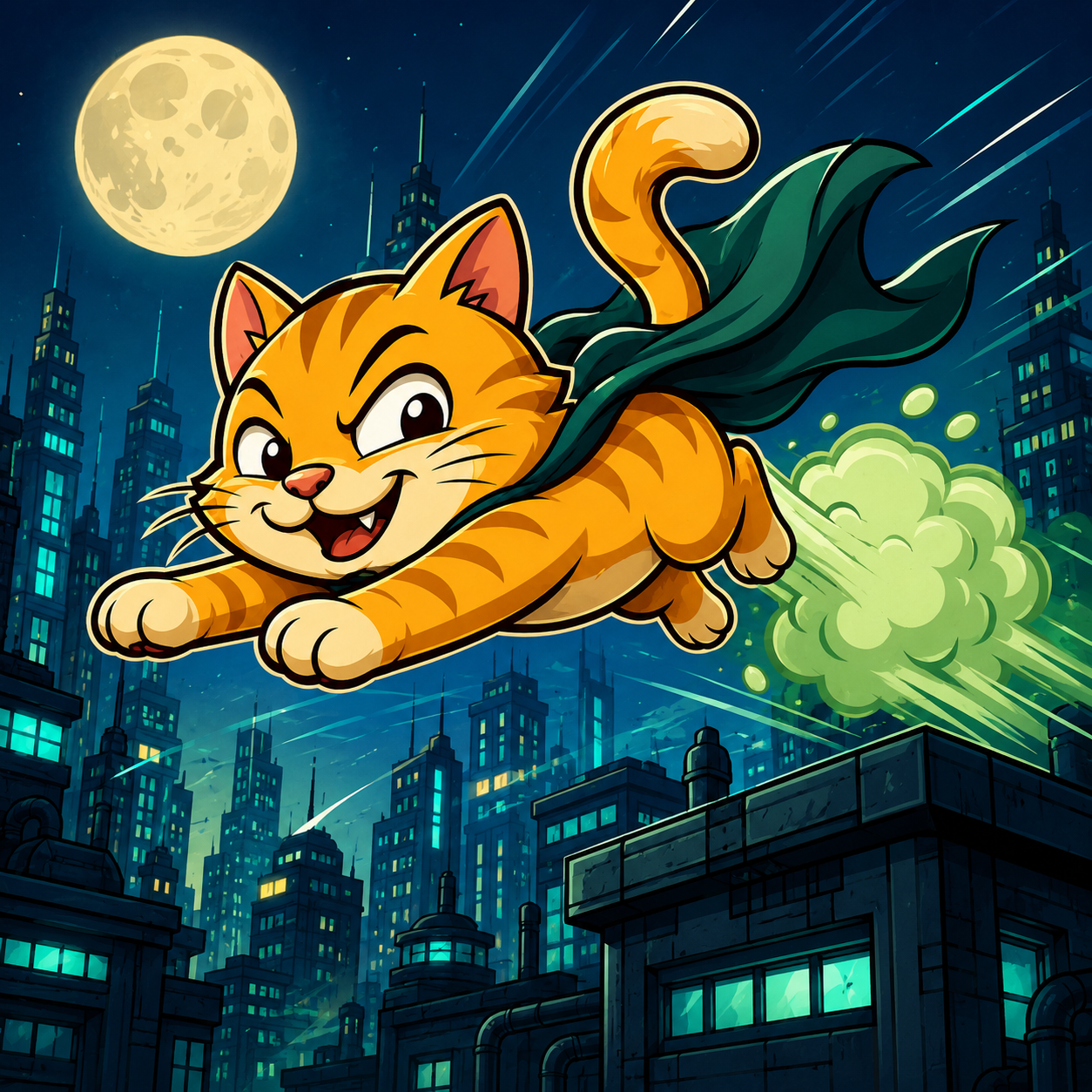 Fart Cat flying over the city