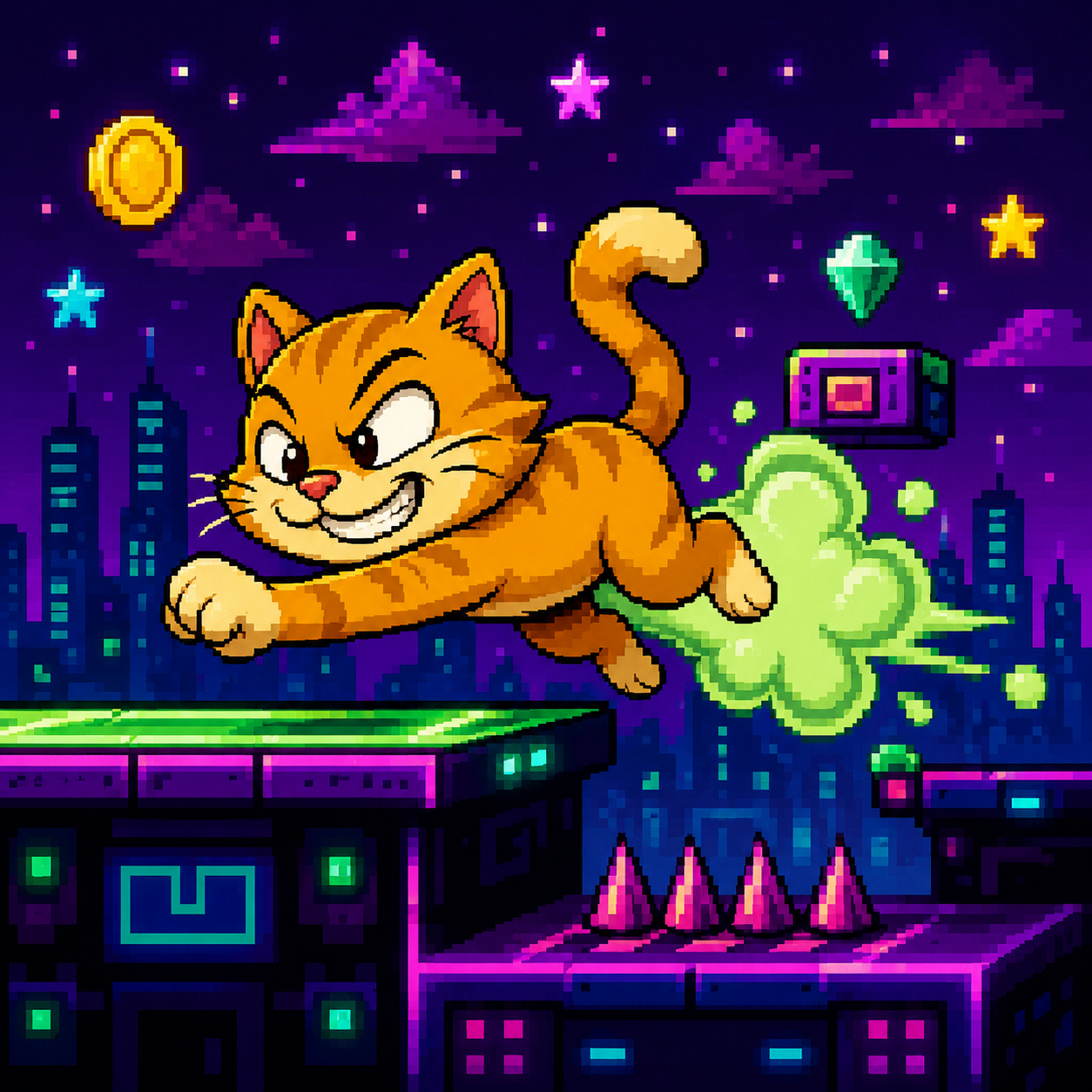 Pixel art Fart Cat jumping across platforms